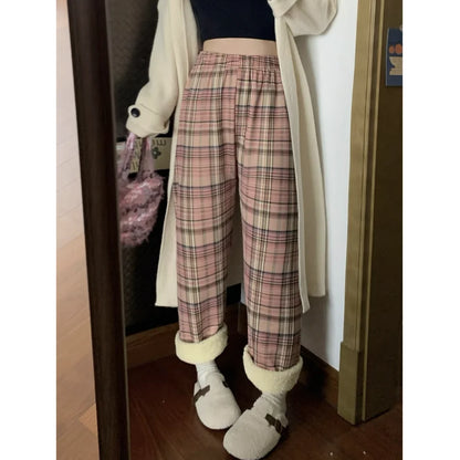 Lamb Velvet Fce Lined Thi Plaid Casual Pants Women's Autumn Winter Loose Straight Leg Wide Leg Cotton Spwear Trousers