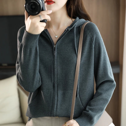 Explosions Women's Hooded Padded Long-Sleeved Sweater Cardigan Sweater Coat Beige Loose Zipper Coat Jacket