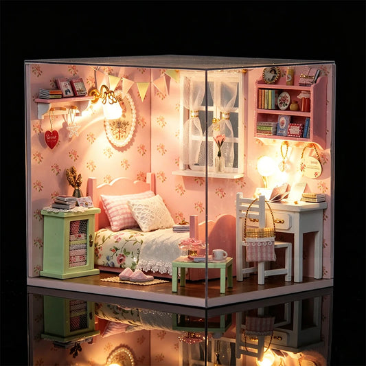 DIY Wooden Miniature Dollhouse Model Kits 3D Puzzle Doll Houses with Furniture Bedroom Handmade Assembly Toy for Birthday Gifts