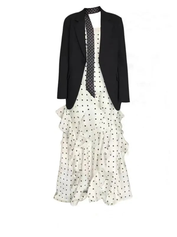 Black Suit And Polka Dot Dress Two-Piece Set for Women Early Spring Fashion Slimming Effect Ribbon Detail Long Sleeve Button-Up
