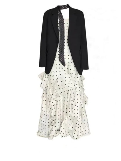 Black Suit And Polka Dot Dress Two-Piece Set for Women Early Spring Fashion Slimming Effect Ribbon Detail Long Sleeve Button-Up
