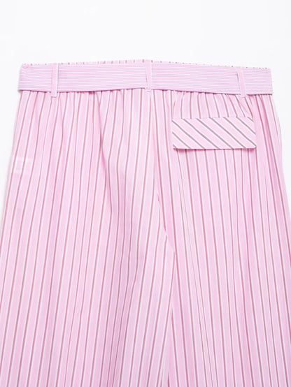 HH Women Striped Pants Suit Lapel Pocket Single-breasted Blouse+Side Zipper Lace Short Top+High Waist With Belt Poplin Pant