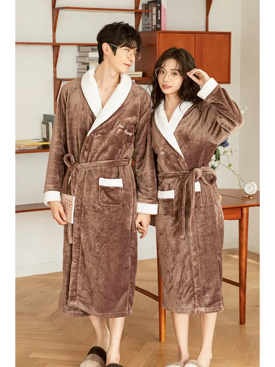 Thickened Coral Fleece Robe Long Home Wear for Men And Women Winter Warm Sleepwear Couple Matching Pajamas Velvet Fabric