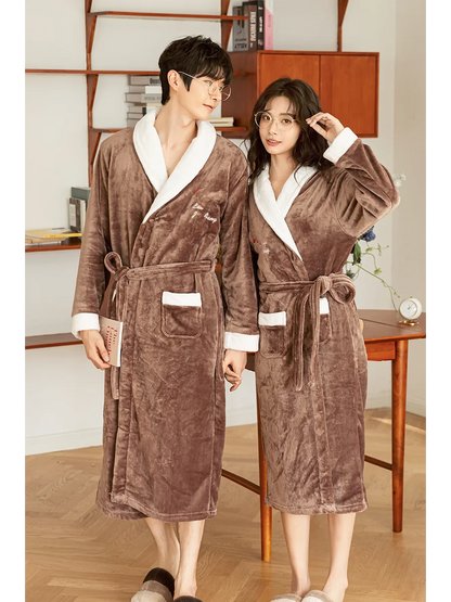 Thickened Coral Fleece Robe Long Home Wear for Men And Women Winter Warm Sleepwear Couple Matching Pajamas Velvet Fabric