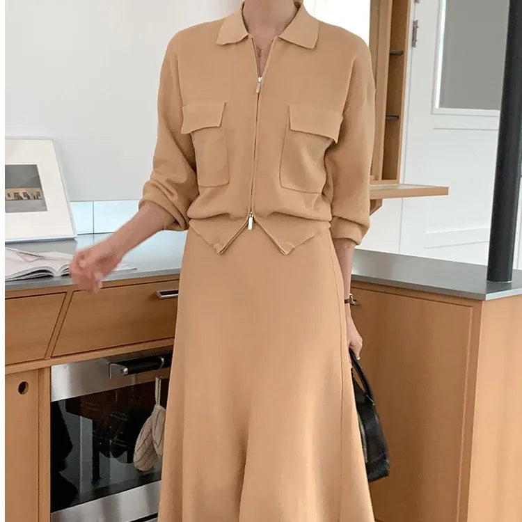Korean Style Women's Fashion Short Knitted Top High Waist Skirt Sweater Two-Piece Set Chic Autumn Wear for Adults