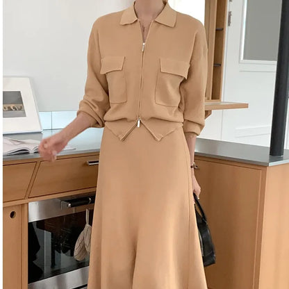 Korean Style Women's Fashion Short Knitted Top High Waist Skirt Sweater Two-Piece Set Chic Autumn Wear for Adults