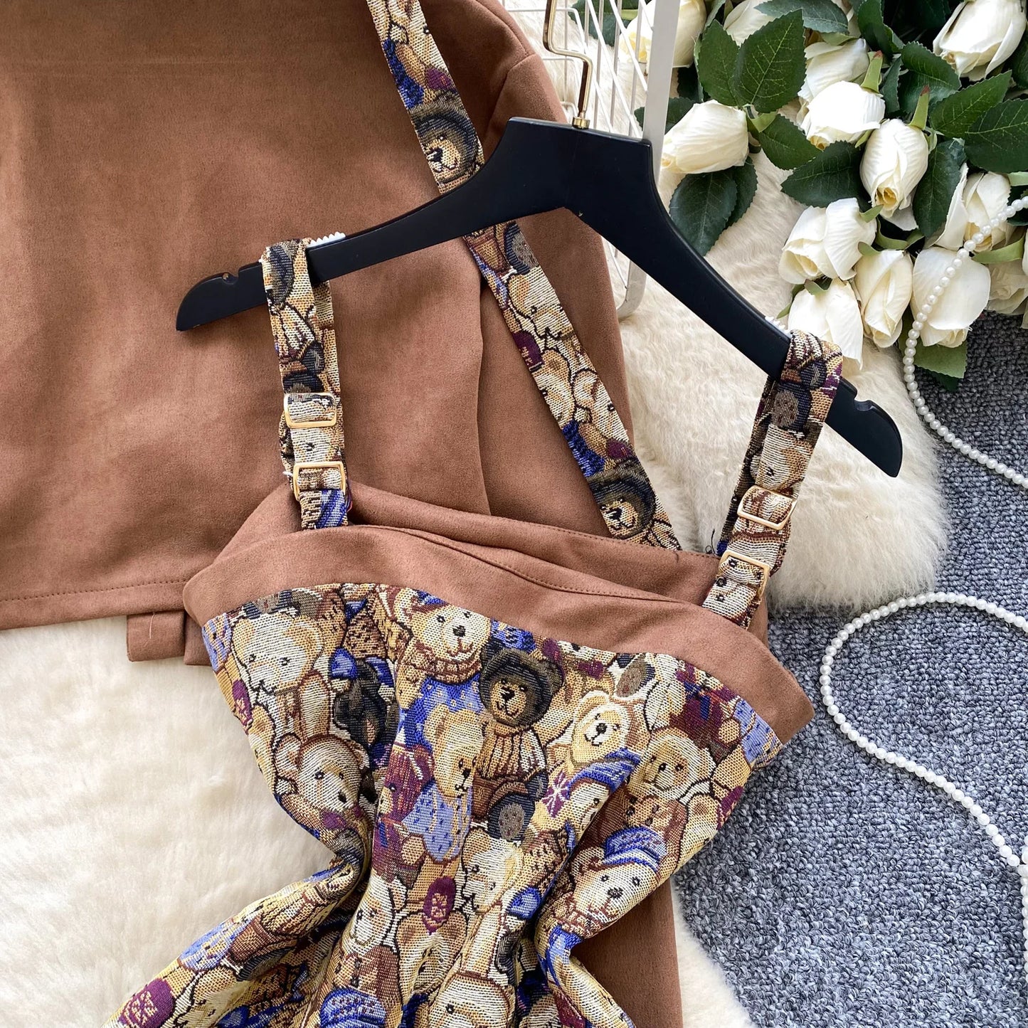 Ele Bear Embroidery Blouse And Skirt Set Women's Faionable ort Svel Suit Jaet High Waist Casual Workwear