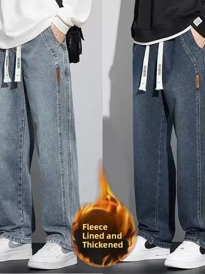 Retro American Wide Leg Men's Jeans Straight Thickened Fleece Loose Autumn Winter Wear Resistant Long Trousers Cotton Elastic...