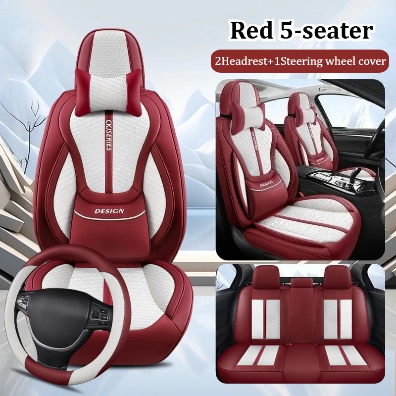 Premium PU Leather Auto Seat Covers Set with Built-in Lumbar Support +2 Headrest Covers +1 Steering Wheel Cover Comfortable