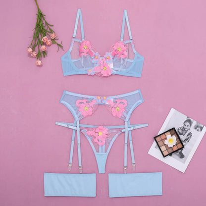 Tornova Sexy Embroidery Lingerie Suit for Women Mesh Patchwork Embroidery Women's Underwear Suit Sexy Garters Mesh Underwear Set