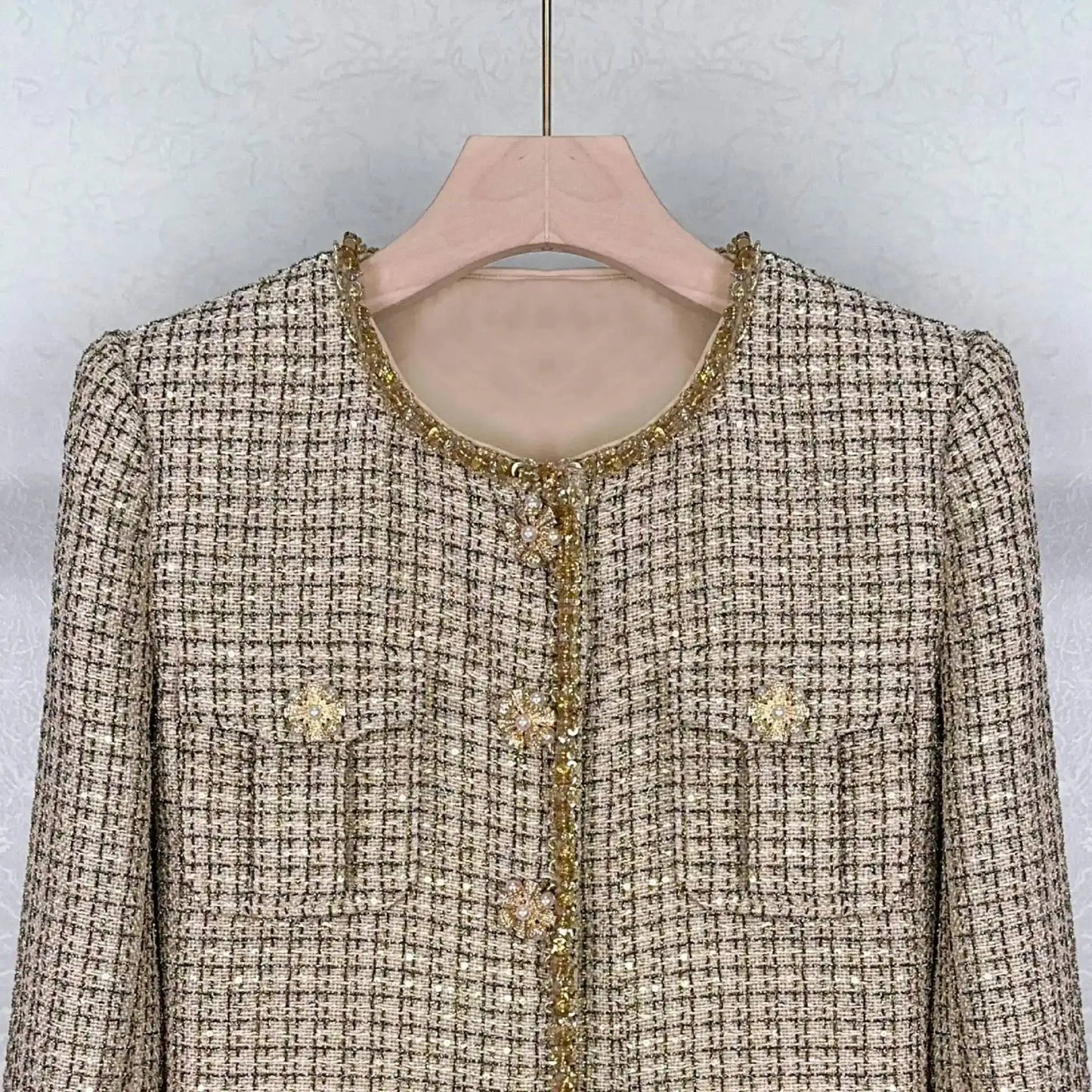 Autumn Winter Small Fragrant Style Gold Plaid Coarse Knitted Two Piece Set Women Suit Coat Tweed Jackets Midi Long Skirts Sets