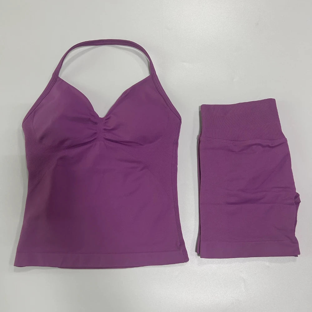2 Pieces Sports Set Women Backless Tank Yoga Tops High Waist Scrunch Seamless Shorts Sport Gym Set Sportswear Workout Set
