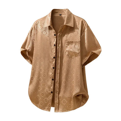 Men's Summer Fashion Satin Short Sleeve Hawaiian Shirt Casual Solid Beach Holiday Smooth Silk Stylish Printed Mens Shirt