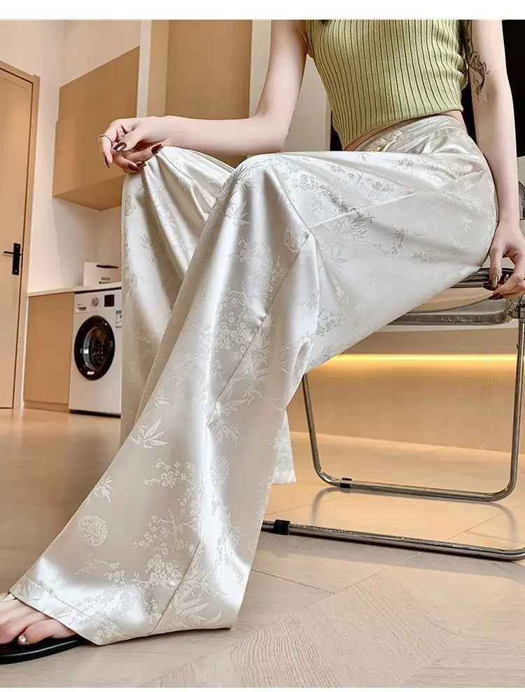 High Waist Loose Straight Pants with Button Knot Pocket New Chinese Style Satin Wide Leg Pants Spring Summer Trousers Pink Black