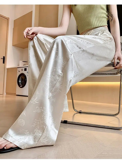 High Waist Loose Straight Pants with Button Knot Pocket New Chinese Style Satin Wide Leg Pants Spring Summer Trousers Pink Black
