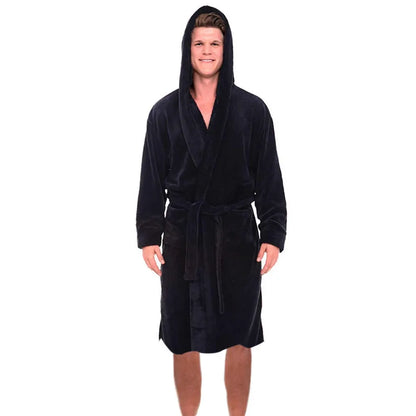 Men Long Bath Robe Home Gown Sleepwear Nightgown Solid Color Fall Winter Fleece Warm Long Robe Pajamas Anti-freeze