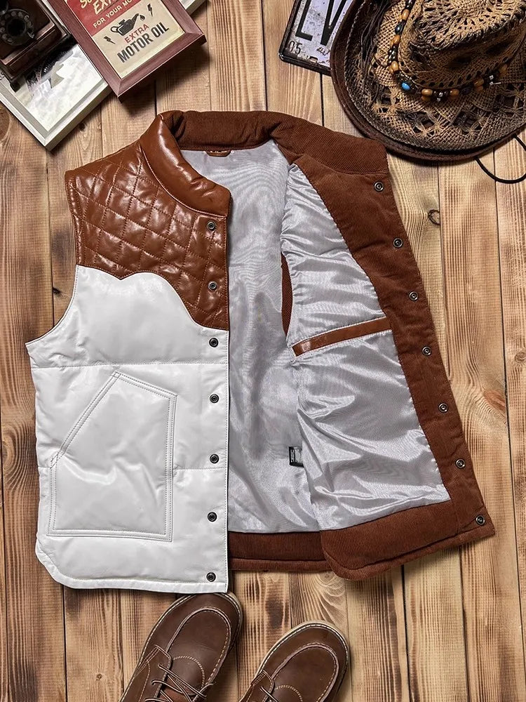 Mens Casual Genuine Leather Vest Coat Winter Warm Sleeveless Down Jacket Thick Stand Collar Sheepskin Spliced Cowhide Waistcoat