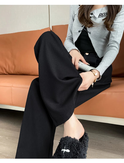 Seoulish Autumn Elegant Women's Wide Leg Pants 2024 New Korean Solid Button Casual Loose Office Full Length Trousers Female