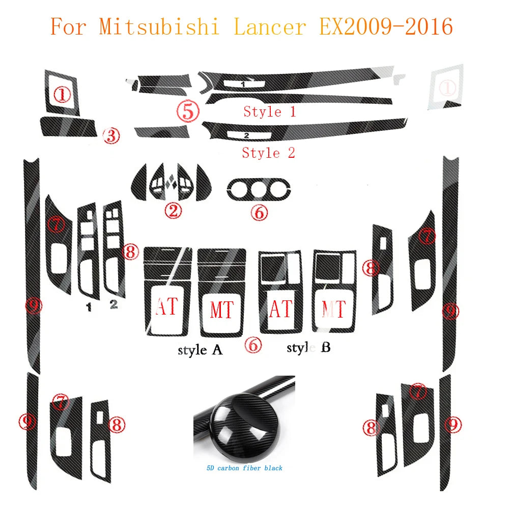 For Mitsubishi Lancer EX2009-2016 Interior Central Control Panel Door Handle Carbon Fiber Stickers Decals Car styling Accessorie