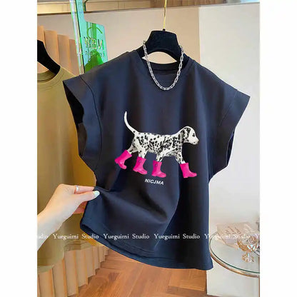 Fashionable Pure Cotton Sleeveless Dog Print Tank Top Women's Summer Design Korean Style Loose Fit Quick Dry round Neck T-Shirt