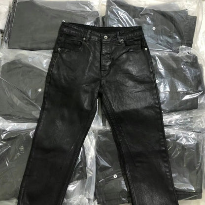 High Street Dark RO Denim Pants Men's Youth Leisure Coating Wax Surface Slim Fit Small Leg Denim Pant Streetwear Retro