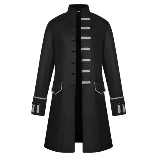 Vintage European American Mens Coat Medieval Steampunk Retro Stand Collar Uniform Outerwear Solid Color