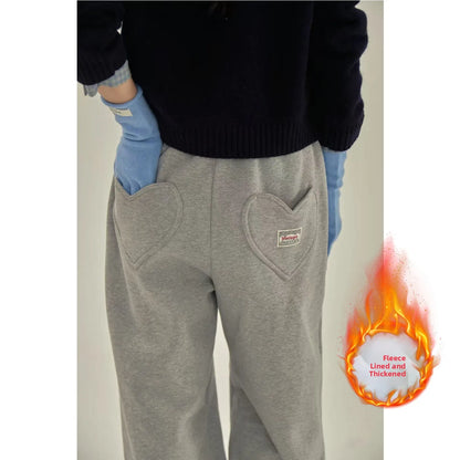 Fleece Lined Wide Leg Pants Korean Style Casual Heart Pocket Sweatpants Loose Thickened Casual Pants for plus Size Women