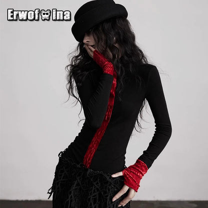 Erwofeina Gothic Patchwork Women's T-shirt Black Long Sleeve Turtleneck Slim 2000s Clothes Y2k Tees Female Clothing Autumn Tops