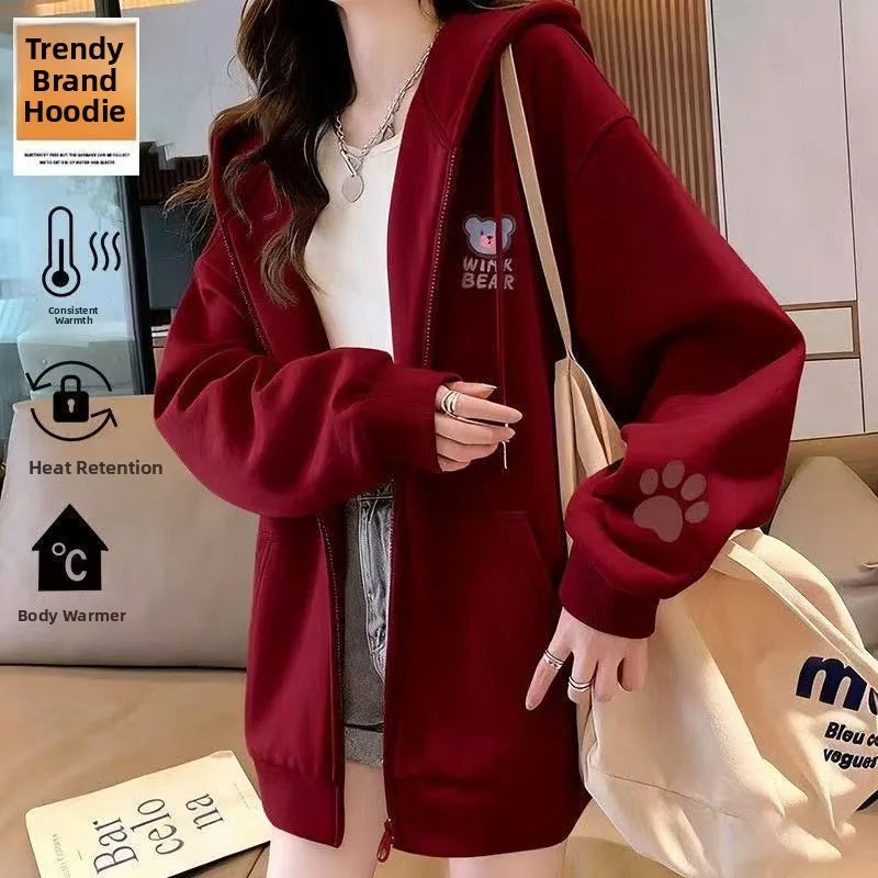 Korean Style Fleece Lined Oversized Hooded Cardigan Women's Autumn Winter Zipper Cartoon Print Top Coat Trendy Streetwear