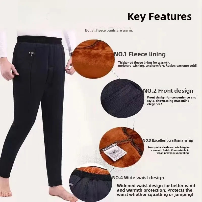 Men's Winter Thickened Fleece Lined Warm Trousers High Waist Camel down Three Layer Loose Anti-Cold Cotton Pants Long Pants