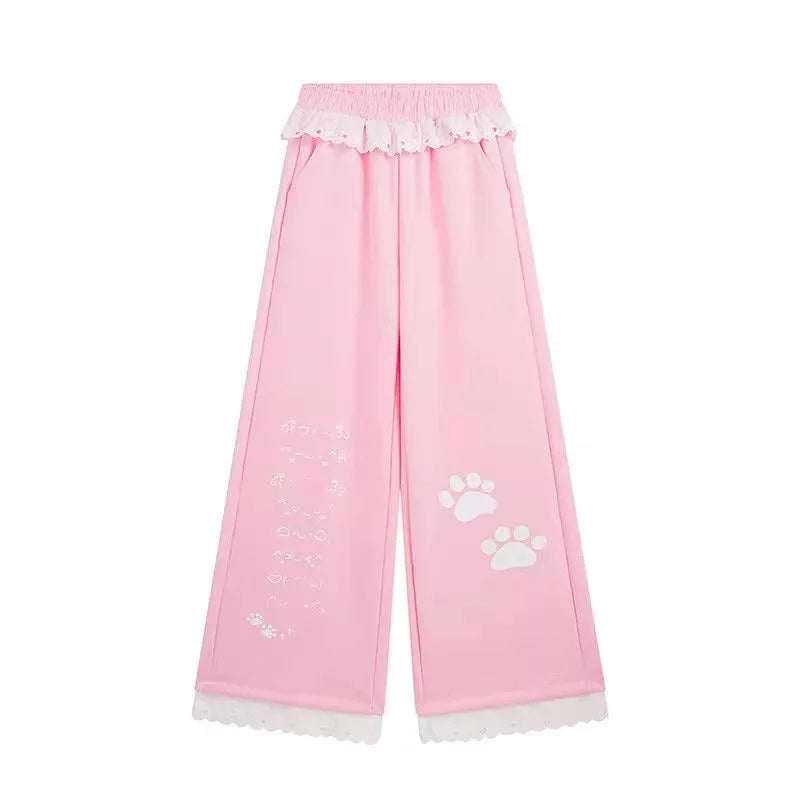 Sweet Cartoon Print Wide Leg Pants Women's High Waist Straight Lace Splice Casual Sports Sweatpants Breathable Cotton Blend