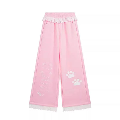 Sweet Cartoon Print Wide Leg Pants Women's High Waist Straight Lace Splice Casual Sports Sweatpants Breathable Cotton Blend