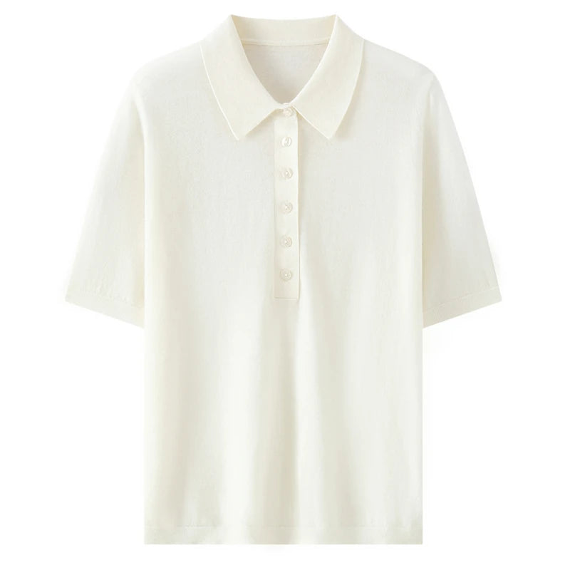 100% fine spun wool women's T-shirt summer solid knitted pullover Jumper sweater short sleeved loose Polo collar Tees Pull Tops