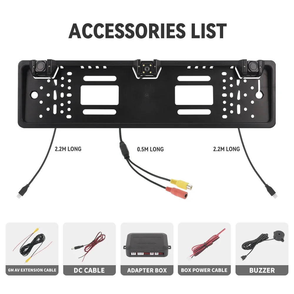 3 in 1 Car Backup Camera and Parking Sensor Kit with EU License Plate Holder, 12V Universal Rear View System with Audio Alerts