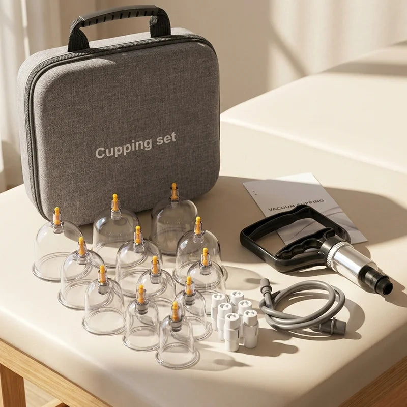 12-Piece Vacuum Cupping Set for Home Use, Flameless Suction Cups, Traditional Chinese Medicine Health Care, Gua Sha, Dampness Removal, Complete Set with Storage Bag