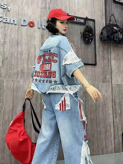 Casual Lace Hollow out Patchwork Summer New Women's Outfit Loose Top with Digital Letter Print Matching Long Pants