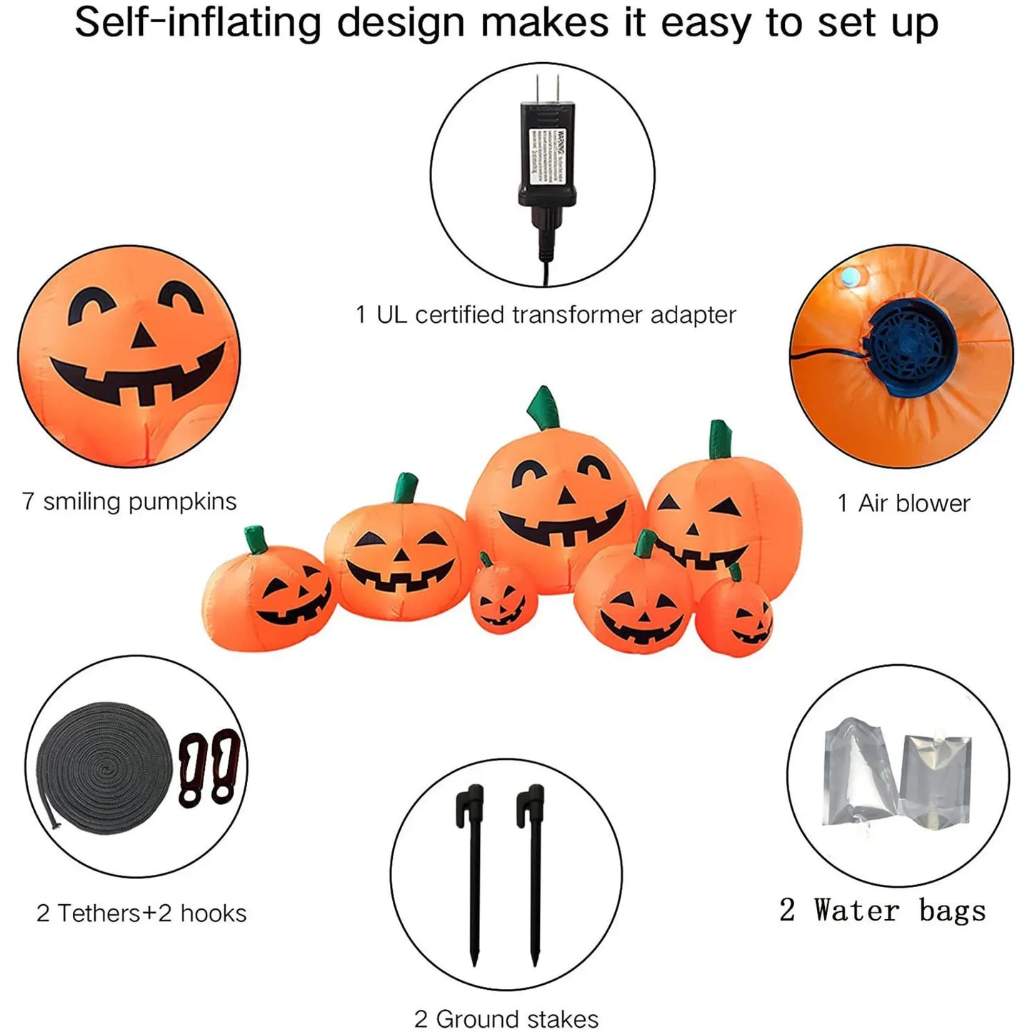 2.2M/7.5FT Inflatable Toy Halloween Pumpkin Pile Outdoor Decoration Halloween Festival 7 Pumpkins Built-in LED Light Garden Prop