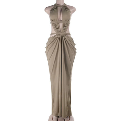 Halter Cut-Out Draped Super-Cut Back Bare Elegant Party Maxi Dress Waistless Backless Sleeveless Khaki Evening Prom Long Dress