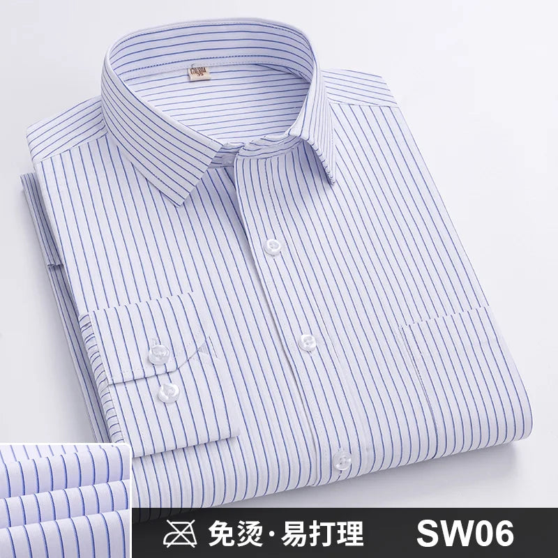 Men's Formal Shirt Long Sleeve S~8XL Oversized Office Solid Color Striped Anti-wrinkle Non-ironing Fashion Business White Shirts