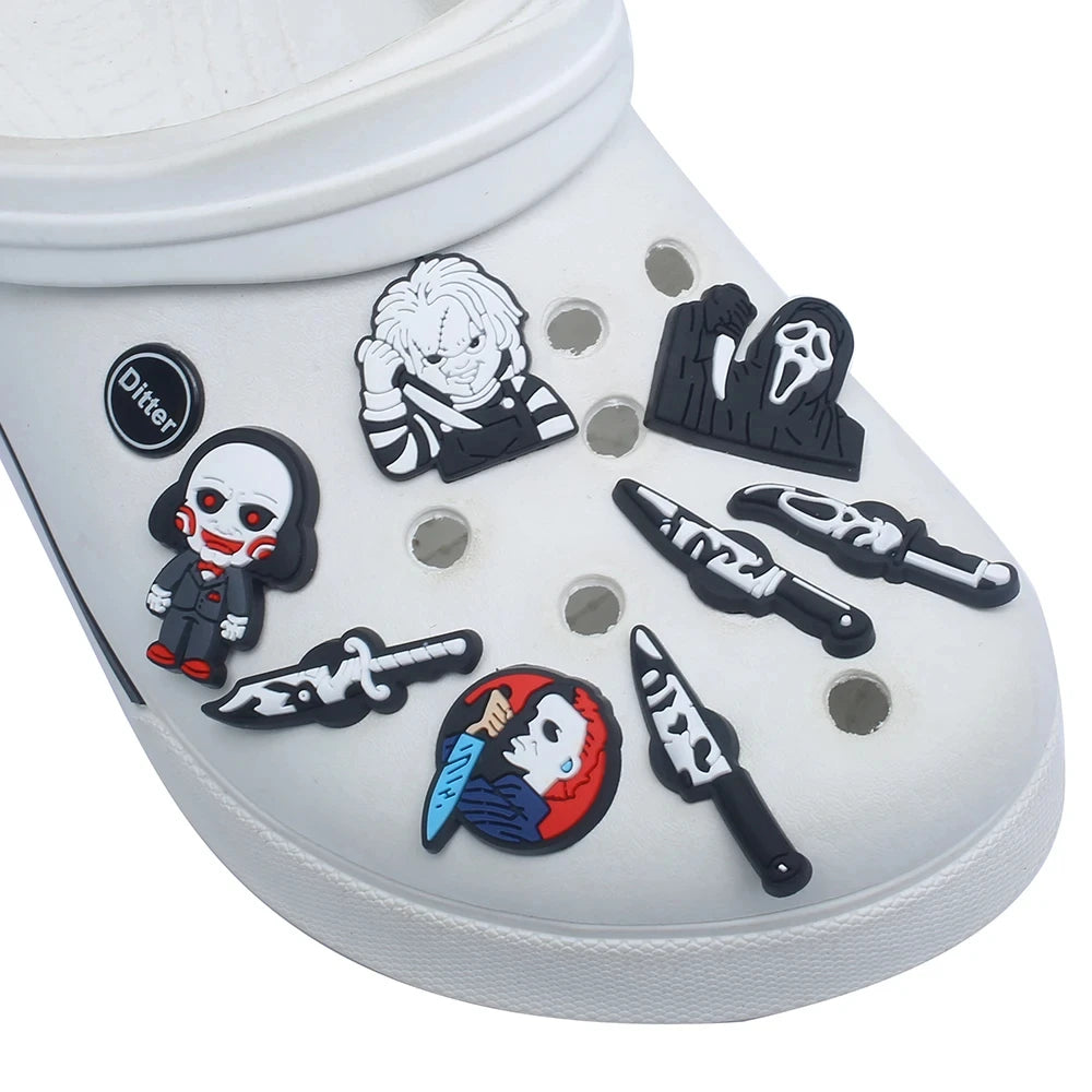 6-100pcs Halloween Black and White Classic PVC Shoes Charm Alligator Charm Accessories Fit Bracelet Boys Girl Xmas party gifts
