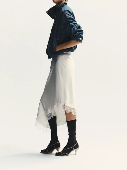 Winter New Arrival Women's Simple Versatile Mid-Waist Lace Trim Silk Satin Skirt Elegant Ethnic Stage Costume
