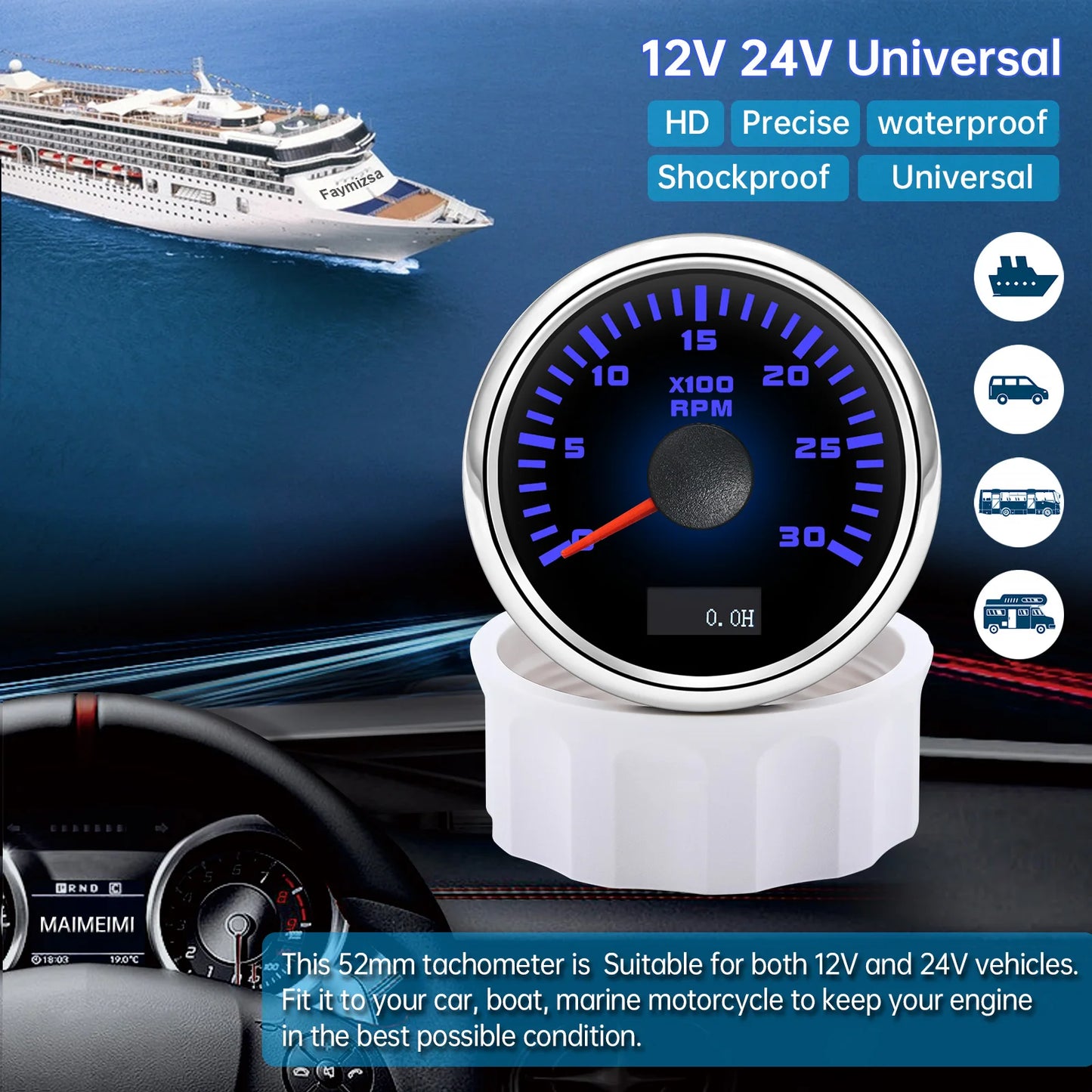 3000/4000/6000/7000/8000 RPM Gauge with Hourmeter Gauge 52mm Tachometer Waterproof 7 Color Backlight Tacho Gauge For Car Boat