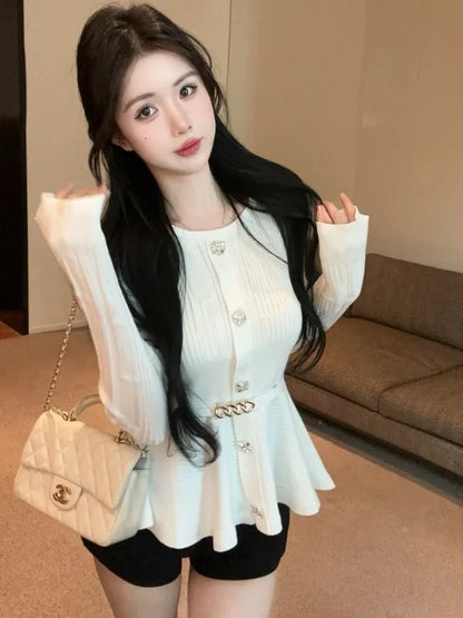Elegant Single-Button Knitted Sweater Women Early Autumn New High-End Pleated Waist-Cinching Slimming Top French Style