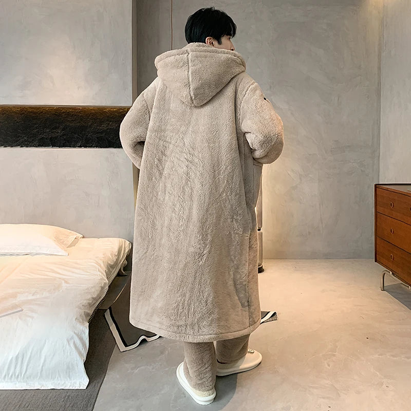 Long Coral Fce Spwear Men's Winter Casual plus Size Home Clothes Robe Youth Leisure Straight Leg Pants Button Closure