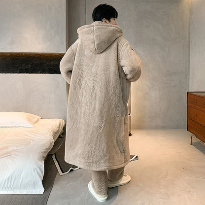 Long Coral Fce Spwear Men's Winter Casual plus Size Home Clothes Robe Youth Leisure Straight Leg Pants Button Closure