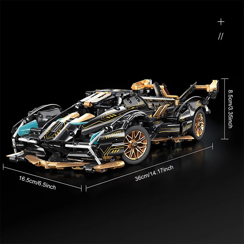 2024 Black V12 Block Roadster RC Tech Racer 1:14DIY Roadster building block assembly Block car toy birthday gift （1000+granule）