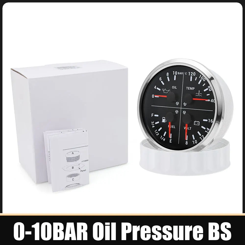 110mm 4 In 1 Gauge 0-150PSI / 0-10BAR Oil Pressure Gauge Water Temperature Fuel Level Voltmeter Light Alarm for Car Boat Yacht