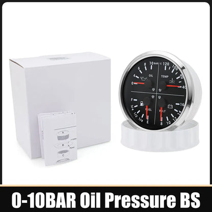110mm 4 In 1 Gauge 0-150PSI / 0-10BAR Oil Pressure Gauge Water Temperature Fuel Level Voltmeter Light Alarm for Car Boat Yacht
