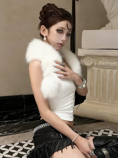 Sisterlinda Furry Patchwork Sexy Tank Top Women Y2K Halter Backless Shirring Sleeveless Stretch Coquette Midnight Party Clubwear