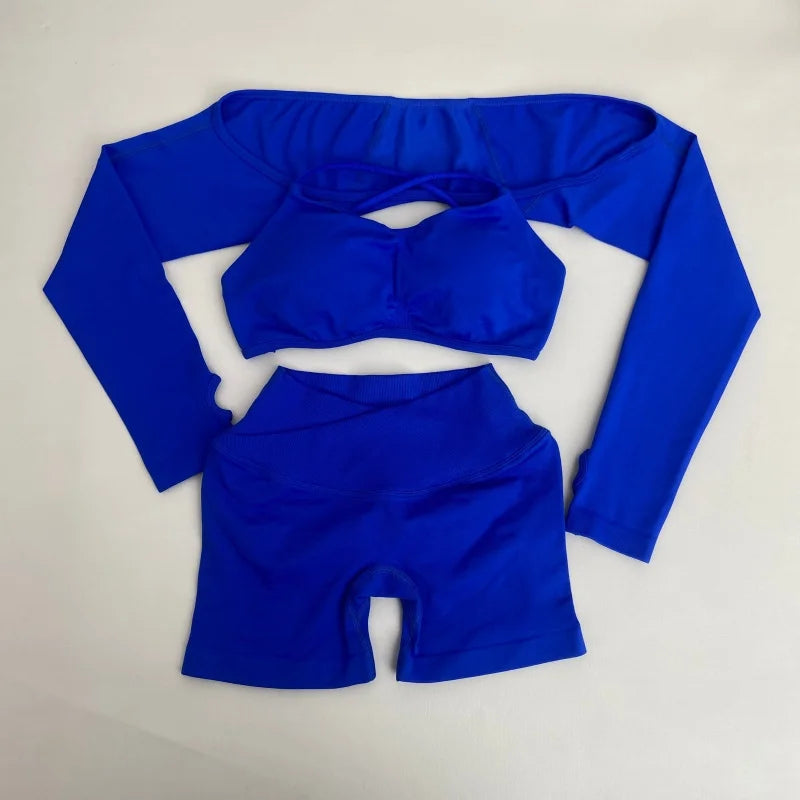 3 Pieces Women's High Stretch Gym Sportswear Shrug Sports Bra Shorts Set Comfortable Workout Yoga Active Wear Outfit